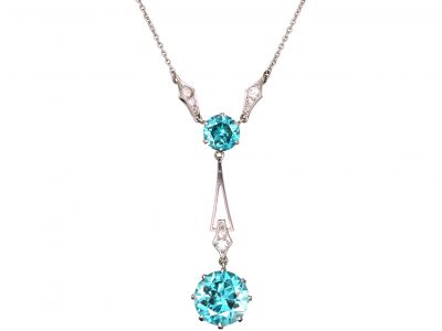 Art Deco 18ct White Gold, Diamonds & Zircon Pendant on an 18ct White Gold Chain