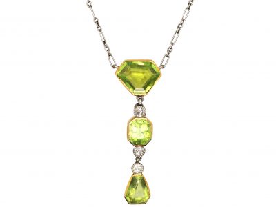 Edwardian 15ct Gold & Platinum, Peridot & Diamond Pendant on Chain