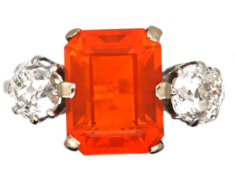 Art Deco Platinum, Fire Opal & Diamond Three Stone Ring