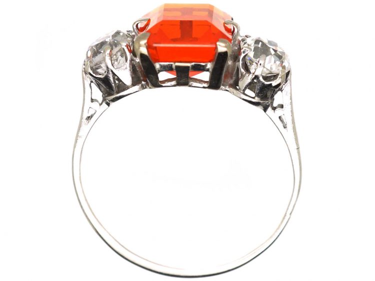 Art Deco Platinum, Fire Opal & Diamond Three Stone Ring