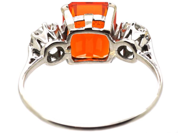 Art Deco Platinum, Fire Opal & Diamond Three Stone Ring