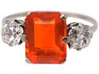 Art Deco Platinum, Fire Opal & Diamond Three Stone Ring