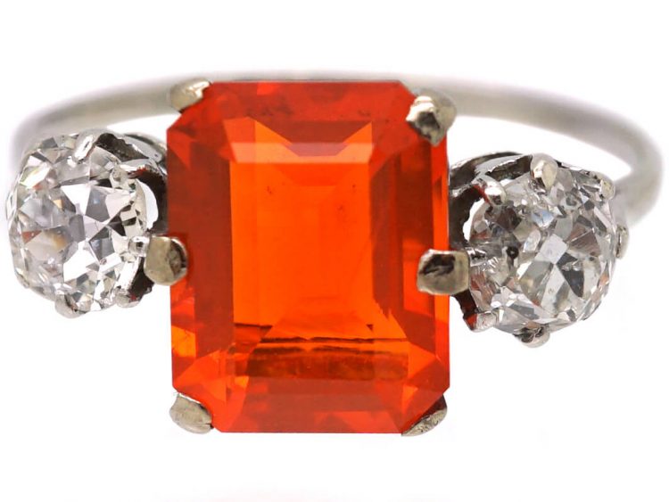 Art Deco Platinum, Fire Opal & Diamond Three Stone Ring