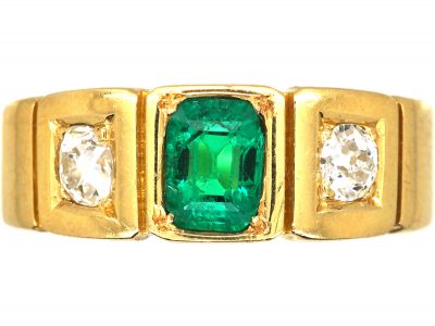 Victorian 18ct Gold , Emerald & Diamond Three Stone Ring