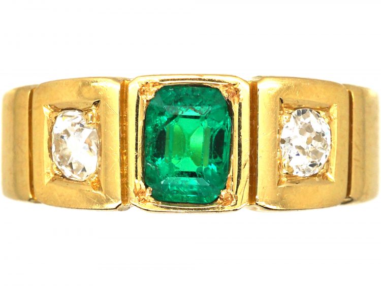 Victorian 18ct Gold , Emerald & Diamond Three Stone Ring