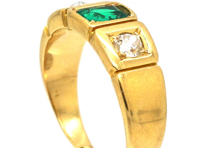 Victorian 18ct Gold , Emerald & Diamond Three Stone Ring