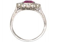Early 20th Century Platinum, Burma Ruby & Diamond Cluster Ring with Diamond Set Shoulders