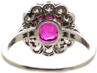 Early 20th Century Platinum, Burma Ruby & Diamond Cluster Ring with Diamond Set Shoulders