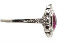 Early 20th Century Platinum, Burma Ruby & Diamond Cluster Ring with Diamond Set Shoulders