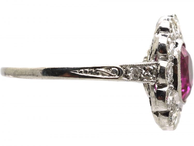 Early 20th Century Platinum, Burma Ruby & Diamond Cluster Ring with Diamond Set Shoulders