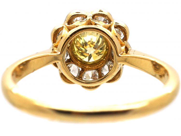 Edwardian 18ct Gold & Platinum, Diamond Cluster Ring with a Yellow Diamond in the Centre
