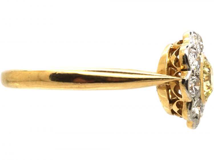 Edwardian 18ct Gold & Platinum, Diamond Cluster Ring with a Yellow Diamond in the Centre