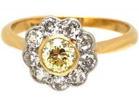 Edwardian 18ct Gold & Platinum, Diamond Cluster Ring with a Yellow Diamond in the Centre