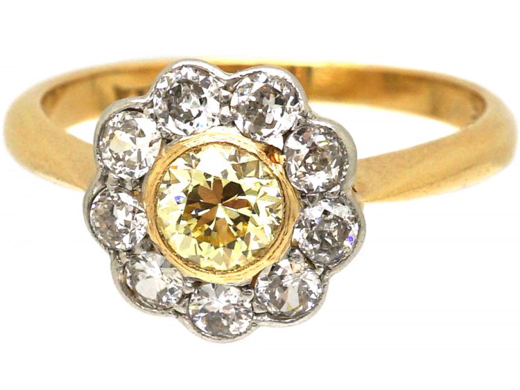 Edwardian 18ct Gold & Platinum, Diamond Cluster Ring with a Yellow Diamond in the Centre