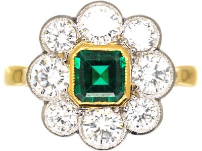 18ct Gold, Emerald & Diamond Cluster Ring