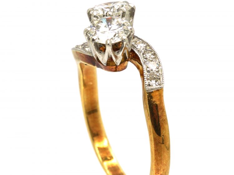 Edwardian 18ct Gold & Platinum, Two Stone Diamond Crossover Ring