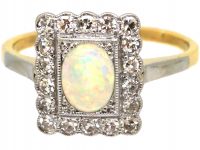 Edwardian 18ct Gold & Platinum, Opal & Diamond Rectangular Ring