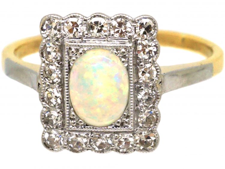 Edwardian 18ct Gold & Platinum, Opal & Diamond Rectangular Ring