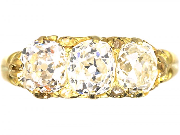 Victorian 18ct Gold Three Stone Old Mine Cut Diamond Carved Half Hoop Ring
