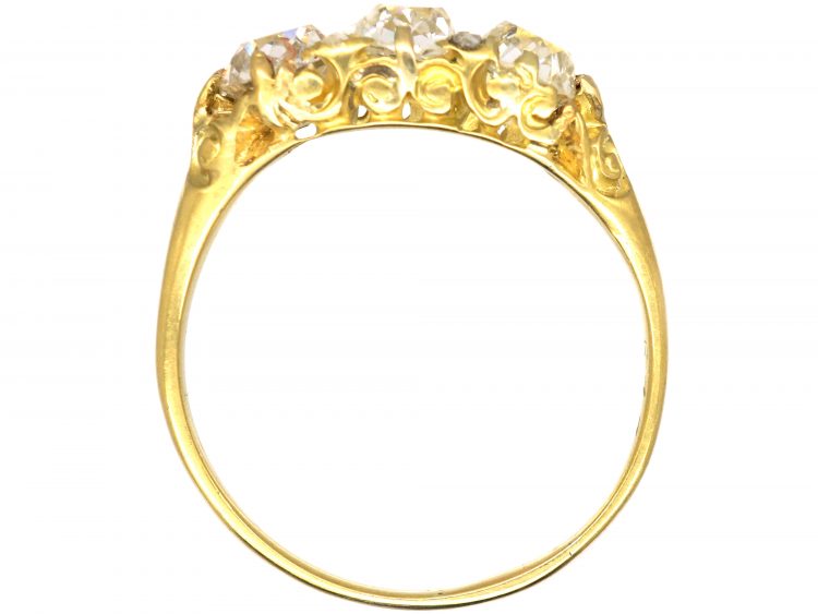 Victorian 18ct Gold Three Stone Old Mine Cut Diamond Carved Half Hoop Ring
