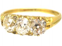 Victorian 18ct Gold Three Stone Old Mine Cut Diamond Carved Half Hoop Ring