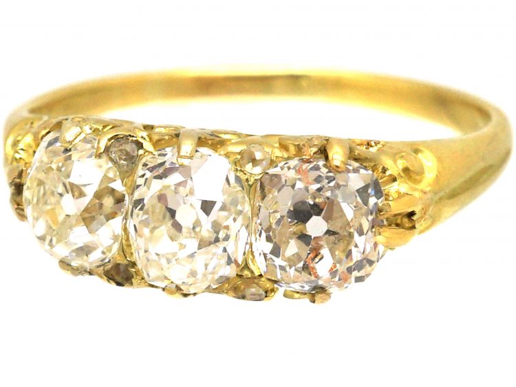 Victorian 18ct Gold Three Stone Old Mine Cut Diamond Carved Half Hoop Ring