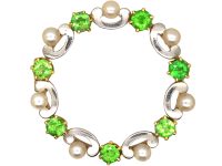 Edwardian 15ct Gold & Platinum, Green Garnet & Natural Pearl Round Brooch