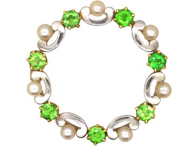 Edwardian 15ct Gold & Platinum, Green Garnet & Natural Pearl Round Brooch
