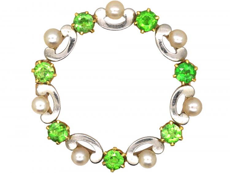 Edwardian 15ct Gold & Platinum, Green Garnet & Natural Pearl Round Brooch
