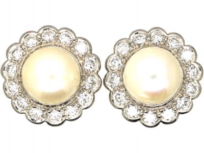 Mid 20th Century 18ct White Gold, Cultured Pearl & Diamond Cluster Earrings