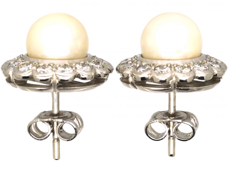 Mid 20th Century 18ct White Gold, Cultured Pearl & Diamond Cluster Earrings