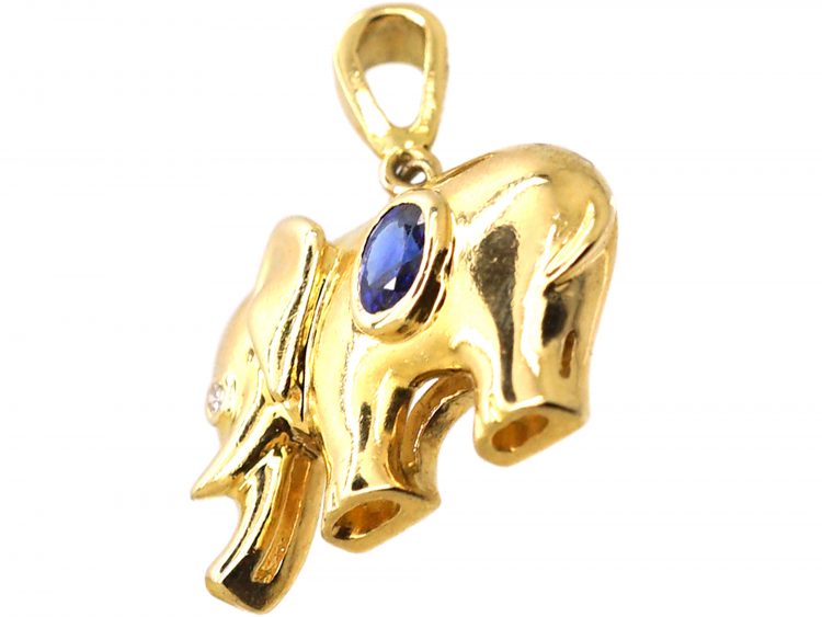 18ct Gold Elephant Pendant set with a Sapphire & Diamond