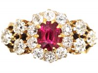 Early 20th Century 14ct Gold, Diamond & Ruby Cluster Ring with Diamond Set Shoulders