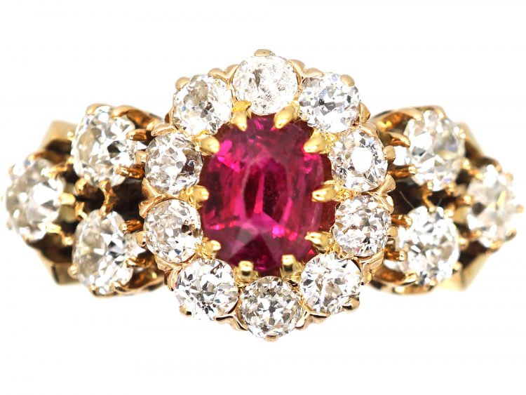 Early 20th Century 14ct Gold, Diamond & Ruby Cluster Ring with Diamond Set Shoulders