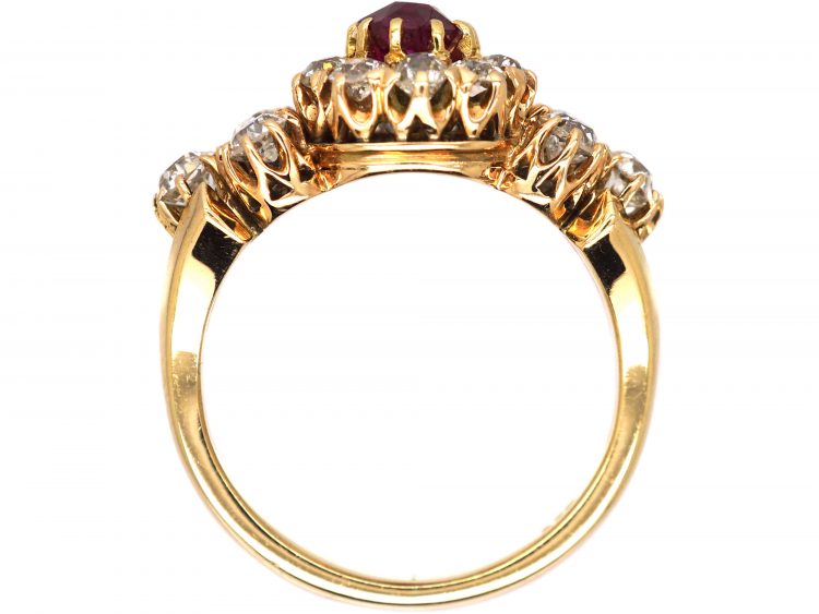 Early 20th Century 14ct Gold, Diamond & Ruby Cluster Ring with Diamond Set Shoulders