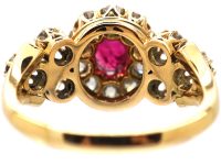 Early 20th Century 14ct Gold, Diamond & Ruby Cluster Ring with Diamond Set Shoulders