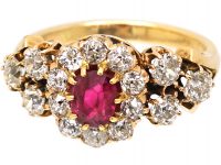 Early 20th Century 14ct Gold, Diamond & Ruby Cluster Ring with Diamond Set Shoulders