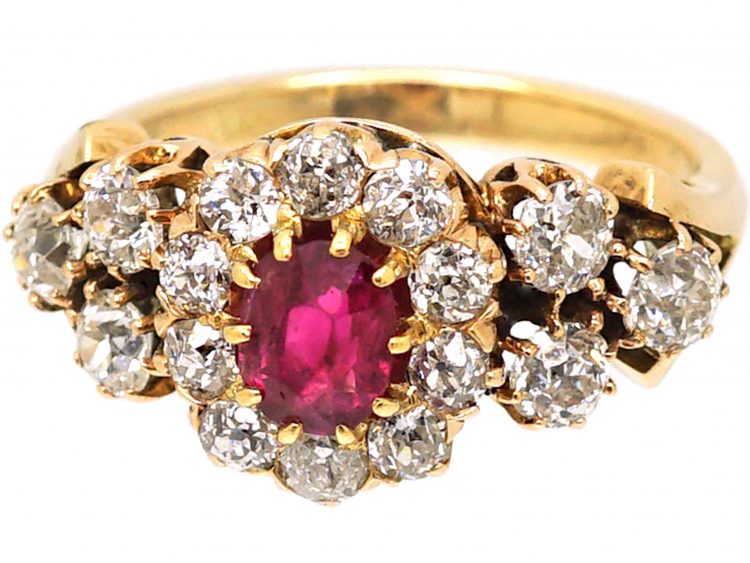 Early 20th Century 14ct Gold, Diamond & Ruby Cluster Ring with Diamond Set Shoulders