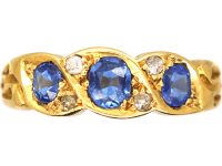 Edwardian 18ct Gold, Three Stone Sapphire & Diamond Ring