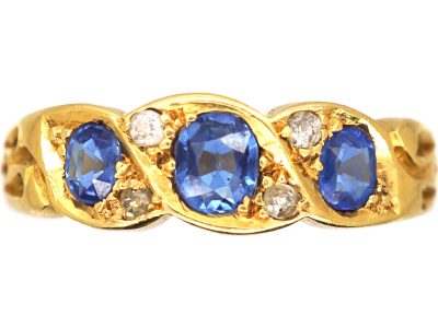 Edwardian 18ct Gold, Three Stone Sapphire & Diamond Ring
