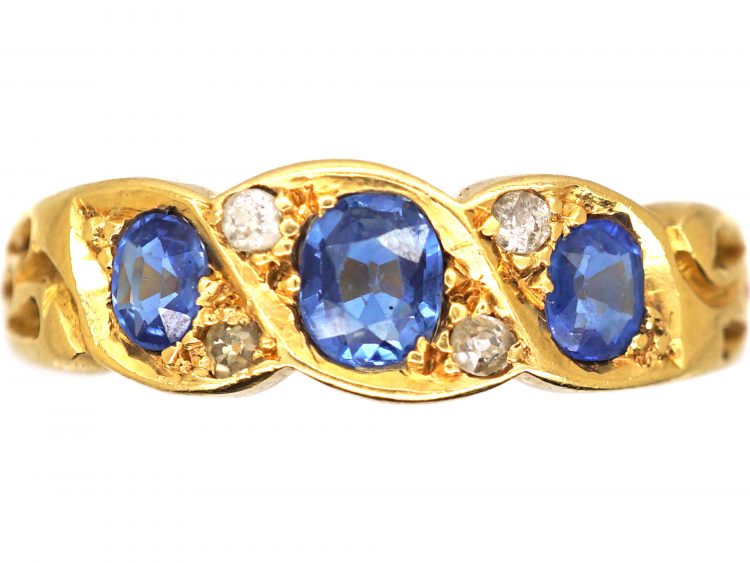 Edwardian 18ct Gold, Three Stone Sapphire & Diamond Ring