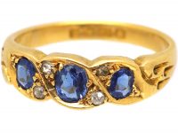 Edwardian 18ct Gold, Three Stone Sapphire & Diamond Ring