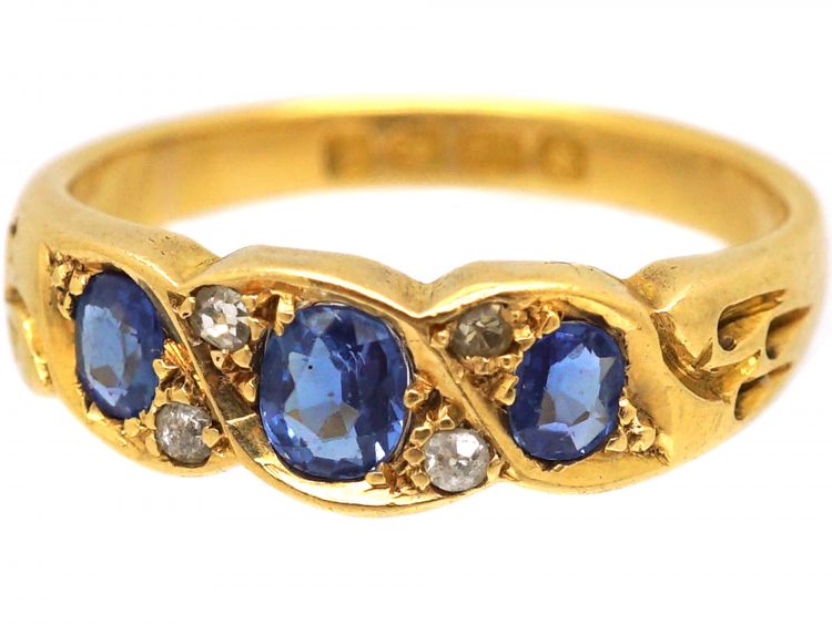 Edwardian 18ct Gold, Three Stone Sapphire & Diamond Ring