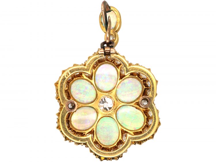 Edwardian 15ct Gold, Opal & Diamond Cluster Pendant