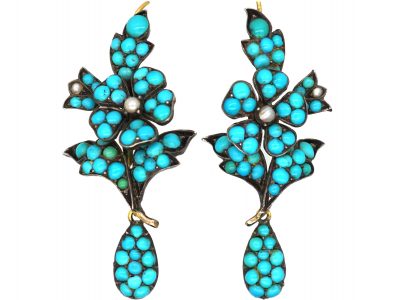 Victorian Gold & Silver Drop Flower Earrings set with Natural Split Pearls & Turquoise