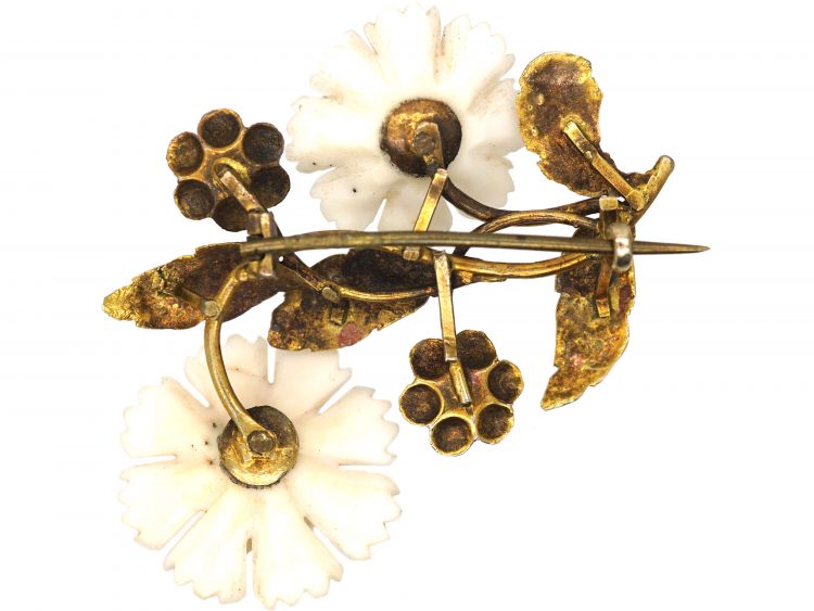 Georgian Two Colour 15ct Gold, White Coral & Turquoise Botanical Brooch
