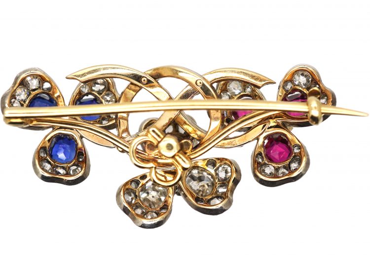 Edwardian Triple Three Leaf Clover Brooch set with Diamonds, Sapphires & Rubies
