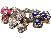 Edwardian Triple Three Leaf Clover Brooch set with Diamonds, Sapphires & Rubies