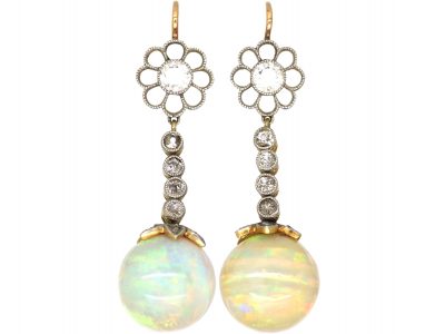Edwardian 15ct Gold & Platinum, Opal & Diamond Drop Earrings