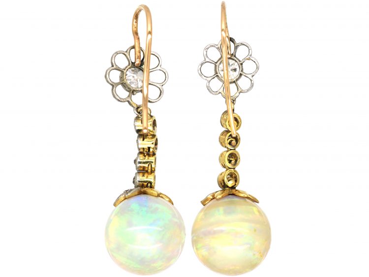 Edwardian 15ct Gold & Platinum, Opal & Diamond Drop Earrings